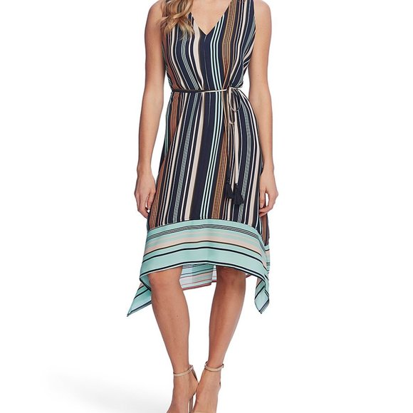 NWT Vince Camuto Mood Indigo Stripe  Sleeveless Handkerchief Dress - L - Picture 1 of 8